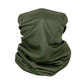 A dark olive green, gathered fabric neck gaiter or bandana is shown against a white background. The fabric is bunched and folded to show its tubular shape.