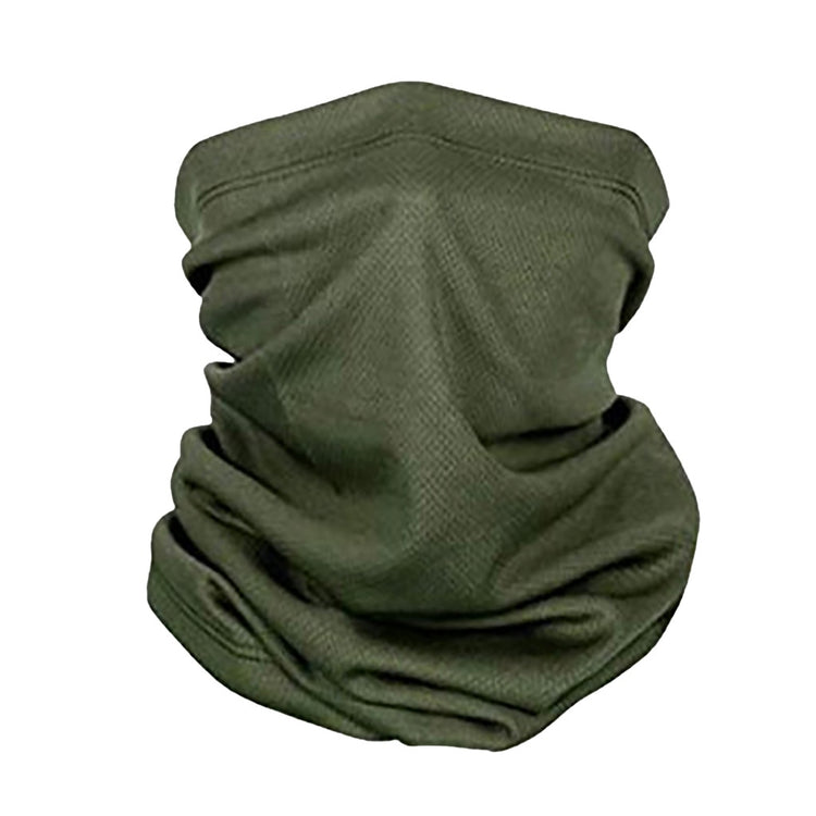 A dark olive green, gathered fabric neck gaiter or bandana is shown against a white background. The fabric is bunched and folded to show its tubular shape.