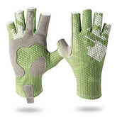 A pair of light green and gray half-finger fishing gloves with a hexagonal pattern and white accents on the fingertips.