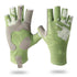 A pair of light green and gray half-finger fishing gloves with a hexagonal pattern and white accents on the fingertips.