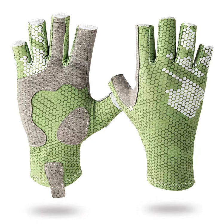 A pair of light green and gray half-finger fishing gloves with a hexagonal pattern and white accents on the fingertips.