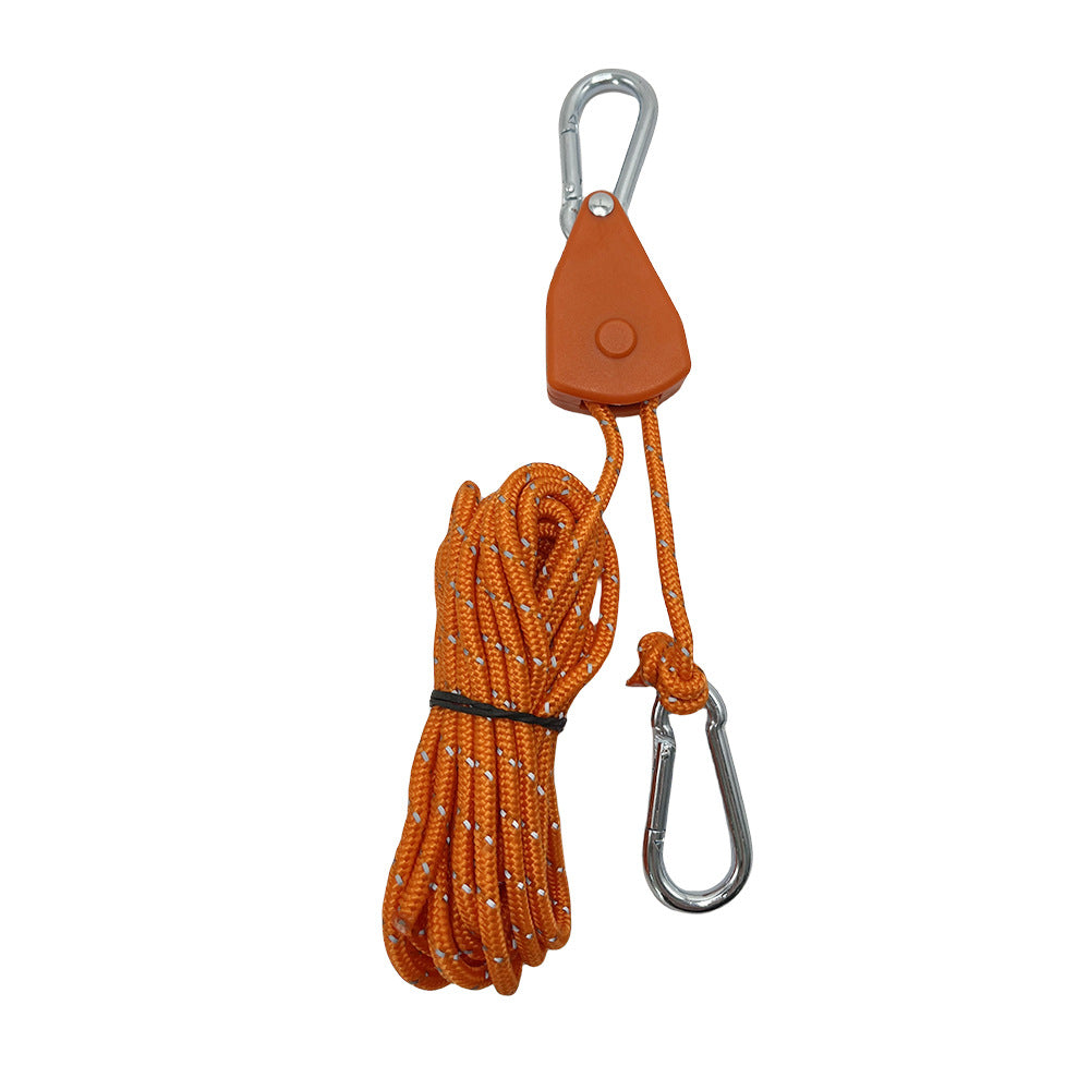 An orange reflective tent guy line with a black pulley mechanism and silver carabiner clips is shown against a white background. The rope is coiled and secured with a black band.