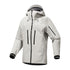A light gray hard shell jacket with a hood, a front zipper, and vertical zippered pockets on the chest.