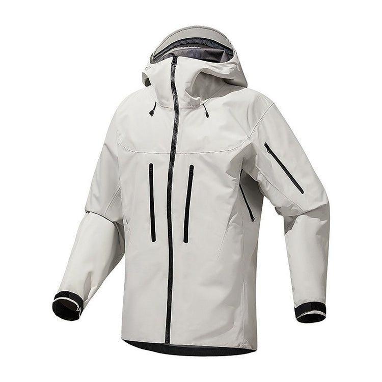 A light gray hard shell jacket with a hood, a front zipper, and vertical zippered pockets on the chest.