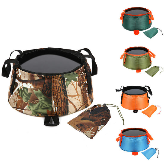 A 10L waterproof folding bucket, shown both folded and unfolded, highlighting its collapsible design and water-resistant material.