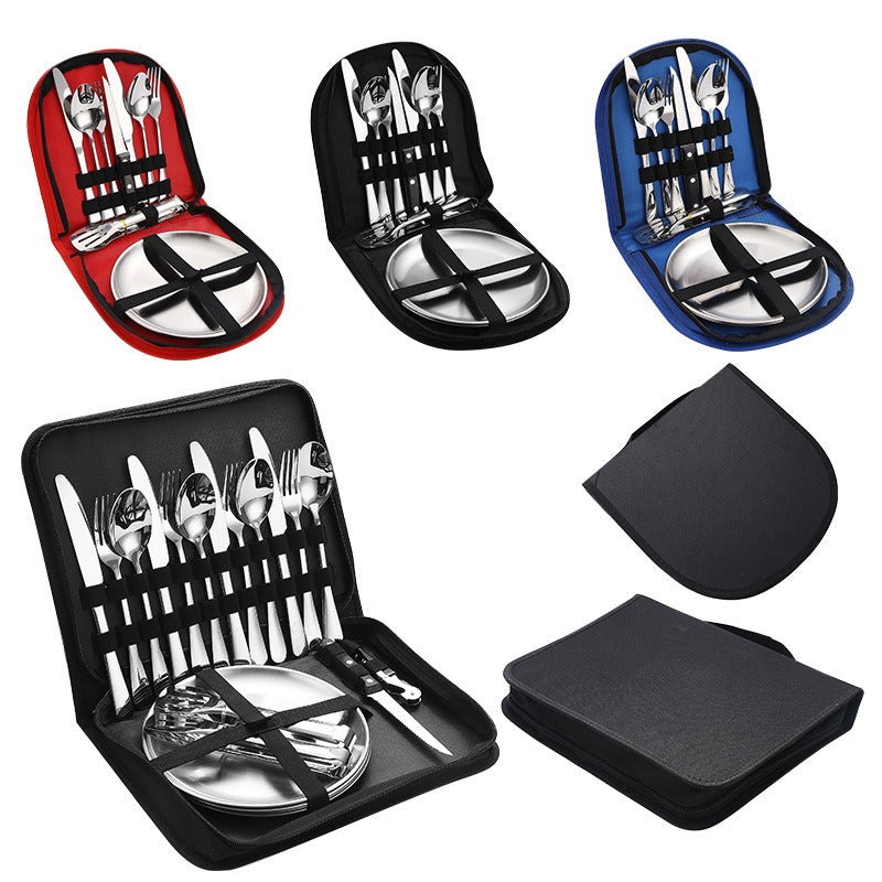Lightweight Stainless Steel Camping Flatware Set with Dinner Plates & Portable Bag - Perfect for Outdoor Dining