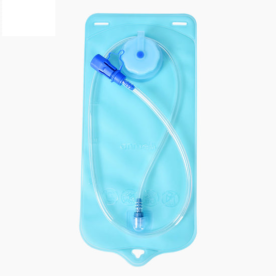 A light blue hydration bladder with a blue screw-top cap, a blue drinking tube, and a blue bite valve with a protective cap. The logo "outdoor LOCAL LION" is printed on the bladder.