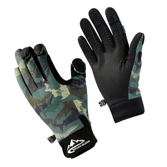 A pair of black three-finger fishing gloves with a logo on the back of one glove. Inset images show a wrist Velcro closure, the exposed three-finger design, and an anti-loss buckle design.