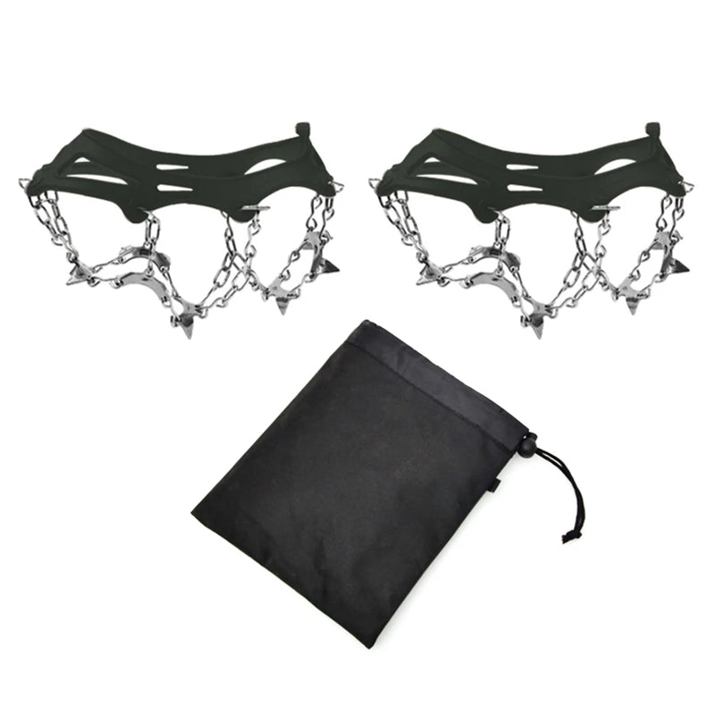 Two black ice snow grippers with silver steel spikes and chains are shown above a black drawstring storage bag against a white background.