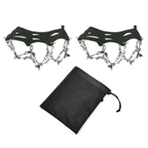 Two black ice snow grippers with silver steel spikes and chains are shown above a black drawstring storage bag against a white background.