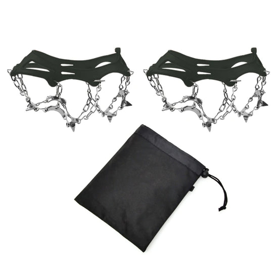 Two black ice snow grippers with silver steel spikes and chains are shown above a black drawstring storage bag against a white background.