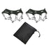 Two black ice snow grippers with silver steel spikes and chains are shown above a black drawstring storage bag against a white background.