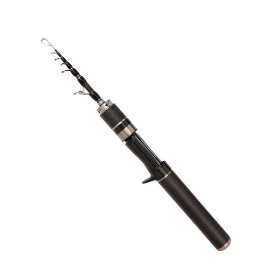 A compact, black carbon fiber telescopic fishing rod with silver accents, shown partially extended against a white background.