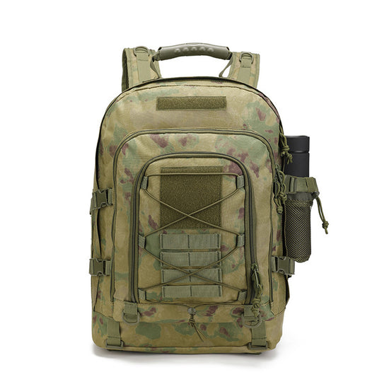 A black military tactical backpack with multiple compartments, MOLLE webbing on the front and sides, adjustable straps, buckles, and a water bottle pouch on the side is shown against a white background.