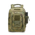 A black military tactical backpack with multiple compartments, MOLLE webbing on the front and sides, adjustable straps, buckles, and a water bottle pouch on the side is shown against a white background.