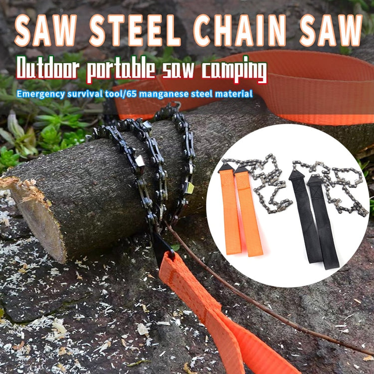 A portable hand chain saw with a black chain and orange handles is wrapped around a small log on a rocky surface. A blurred image of a carrying pouch is in the background, and a close-up inset shows the chain saw with orange and black handles. Text reads "SAW STEEL CHAIN SAW Outdoor portable saw camping Emergency survival tool/65 manganese steel material