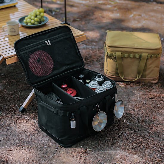 A rectangular, waterproof camping storage box, shown open and closed, highlighting its anti-collision design and spacious interior.