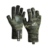A pair of camouflage pattern half-finger fishing gloves. One glove shows the palm with a logo, and the other shows the back with "UPF50+" printed on it and a wrist strap labeled "GLOVEJOY.