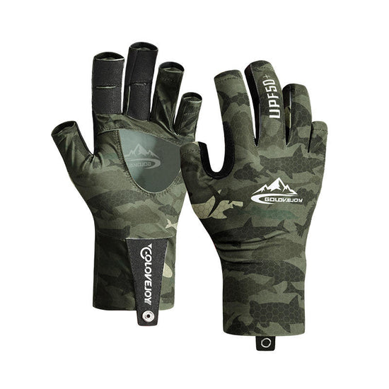 A pair of camouflage pattern half-finger fishing gloves. One glove shows the palm with a logo, and the other shows the back with "UPF50+" printed on it and a wrist strap labeled "GLOVEJOY.