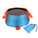 A light blue 10L waterproof folding bucket with orange trim and carrying straps is shown next to its folded storage bag against a white background