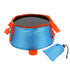A light blue 10L waterproof folding bucket with orange trim and carrying straps is shown next to its folded storage bag against a white background
