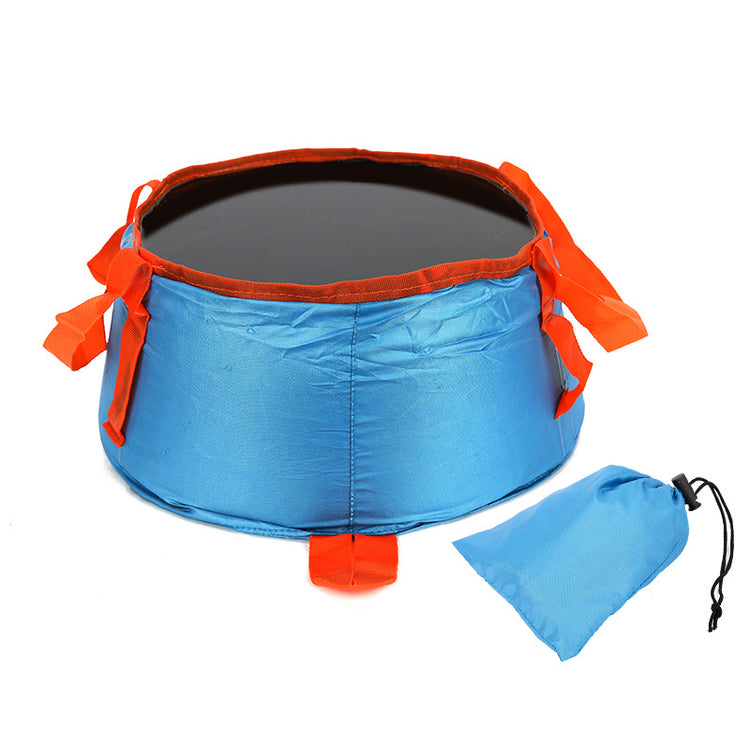A light blue 10L waterproof folding bucket with orange trim and carrying straps is shown next to its folded storage bag against a white background