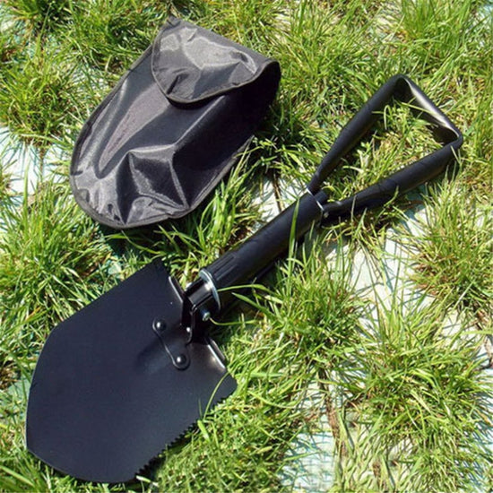 A carbon steel folding shovel, shown unfolded, with its carry pouch, highlighting its compact design and military-grade build.