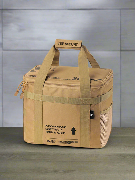 A 20L outdoor storage bag, shown open with camping gear inside, highlighting the padded interior, adjustable partitions, and zipper mesh pocket. Available in black and khaki.