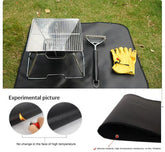 A black silicone fireproof cloth, shown in both sizes, with a close-up of the material and the included storage bag.