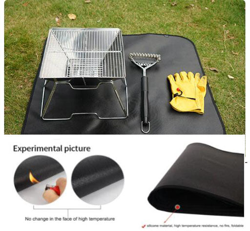 A black silicone fireproof cloth, shown in both sizes, with a close-up of the material and the included storage bag.