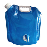 A blue foldable water container bag with a white screw-top opening on the top left, a white carrying handle on the top, and a white and blue dispensing faucet on the lower front.