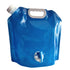 A blue foldable water container bag with a white screw-top opening on the top left, a white carrying handle on the top, and a white and blue dispensing faucet on the lower front.