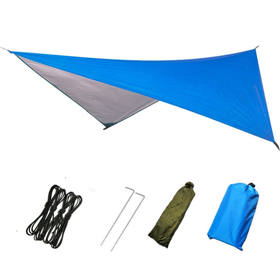 A blue triangular waterproof canopy tent is shown spread out against a white background. Below it are four smaller images showing a bundle of black ropes, two silver tent stakes, a small olive green stuff sack, and a larger olive green storage bag with a drawstring.