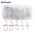 A clear plastic box containing approximately 100 silver jig head fishing hooks of various sizes, organized into five compartments. Below the box are individual hooks labeled with sizes 3/0