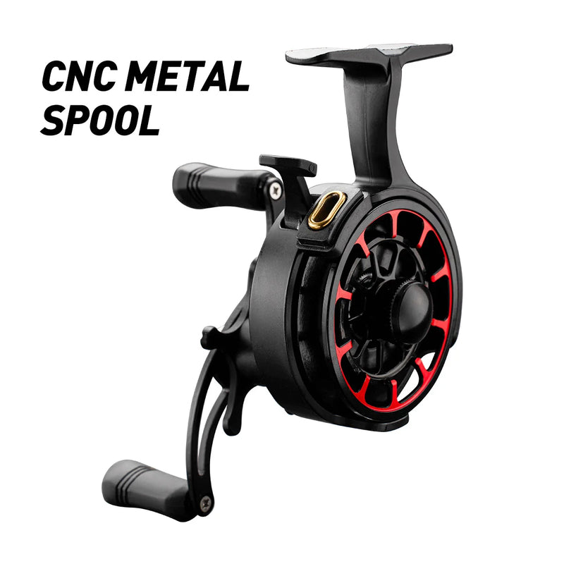 A black and red high-speed metal ice fishing reel with a CNC metal spool and a smooth handle. The text "CNC METAL SPOOL" is overlaid on the image.