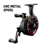 A black and red high-speed metal ice fishing reel with a CNC metal spool and a smooth handle. The text "CNC METAL SPOOL" is overlaid on the image.
