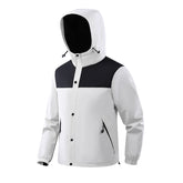 A black hooded outdoor jacket with a buttoned storm flap over the zipper and zippered side pockets.