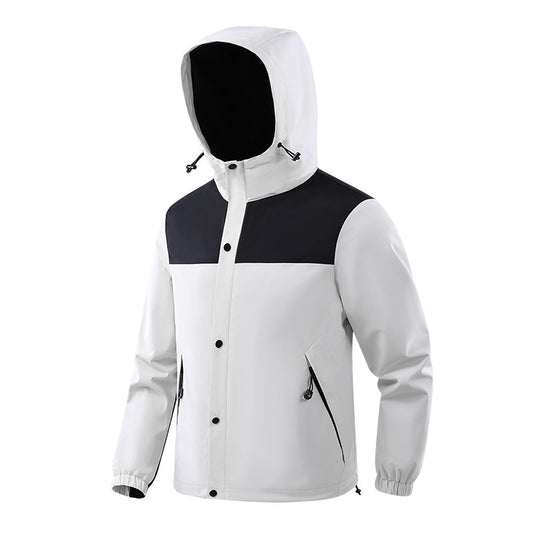 A black hooded outdoor jacket with a buttoned storm flap over the zipper and zippered side pockets.