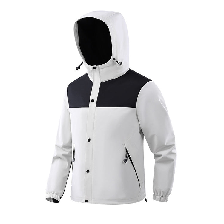 A black hooded outdoor jacket with a buttoned storm flap over the zipper and zippered side pockets.