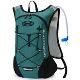 A black Nevorhino lightweight hydration backpack with adjustable straps, a front zippered pocket with an elastic cord, side mesh pockets, and a clear drinking tube with a blue bite valve extending from the shoulder strap. The "NEVORHINO" logo is visible on the side.