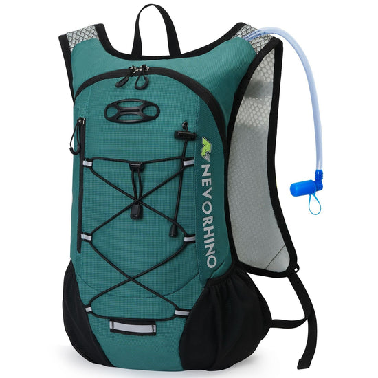 A black Nevorhino lightweight hydration backpack with adjustable straps, a front zippered pocket with an elastic cord, side mesh pockets, and a clear drinking tube with a blue bite valve extending from the shoulder strap. The "NEVORHINO" logo is visible on the side.