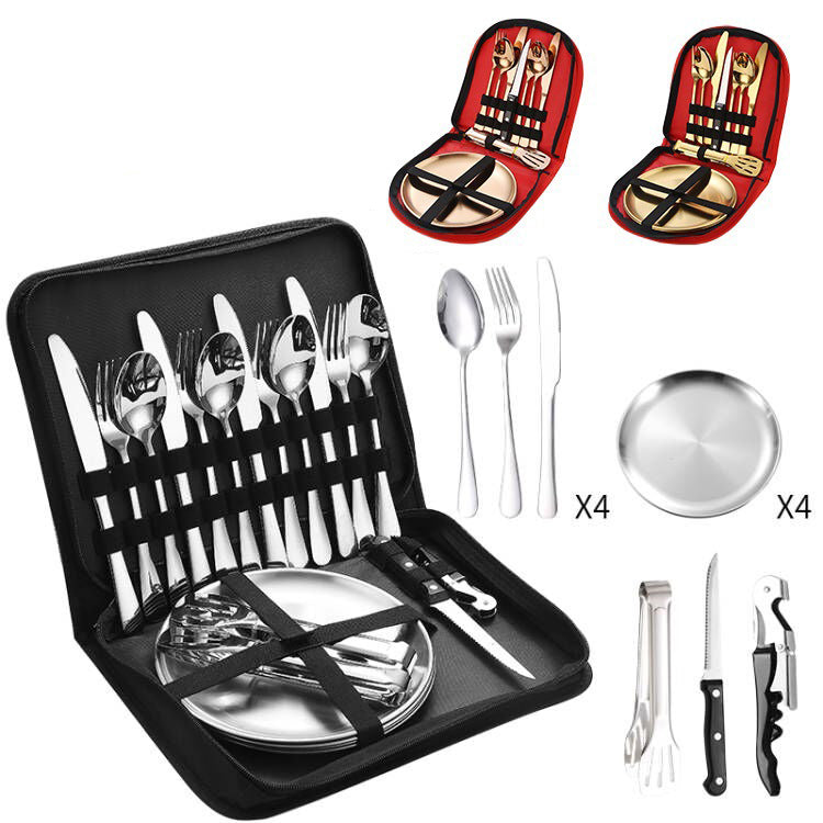  A red cloth carrying case is open, revealing a set of stainless steel flatware (knives, forks, spoons) secured with black elastic straps in the top section. Below, two stainless steel dinner plates are held in place with black elastic straps in the bottom section of the case.