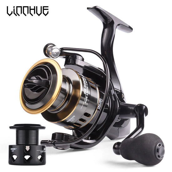 A black LINNHUE HE7000 spinning fishing reel with a gold-accented metal spool and a black ergonomic handle. The LINNHUE logo is visible in the upper left corner of the image.