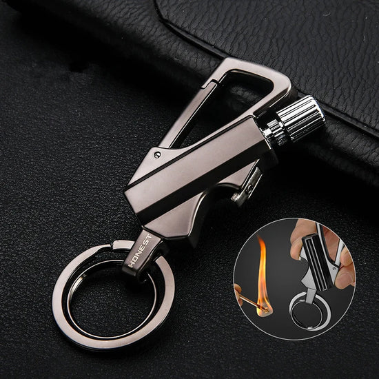 An Honest carabiner permanent match lighter, showing its carabiner clip, flint striker, and fuel reservoir, with a note about needing to add kerosene.