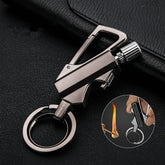 An Honest carabiner permanent match lighter, showing its carabiner clip, flint striker, and fuel reservoir, with a note about needing to add kerosene.