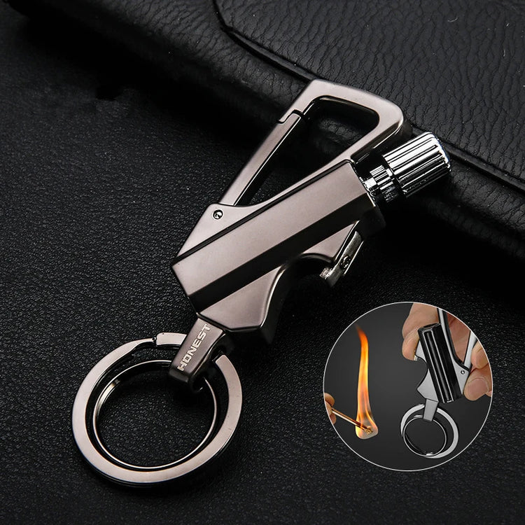 An Honest carabiner permanent match lighter, showing its carabiner clip, flint striker, and fuel reservoir, with a note about needing to add kerosene.