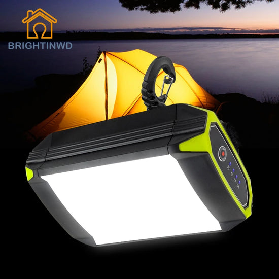A bright white camping lantern with a black and yellow trim hangs above a yellow tent in a dark outdoor setting. Icons below the lantern indicate USB output, rechargeable battery, 0-700 lumens, and 30 SMD LEDs. Text at the top reads "USB RECHARGEABLE CAMPING LIGHT