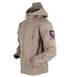 A tan-colored army-style tactical jacket with a hood, a front zipper, zippered chest and sleeve pockets, and a Velcro patch on the left sleeve.