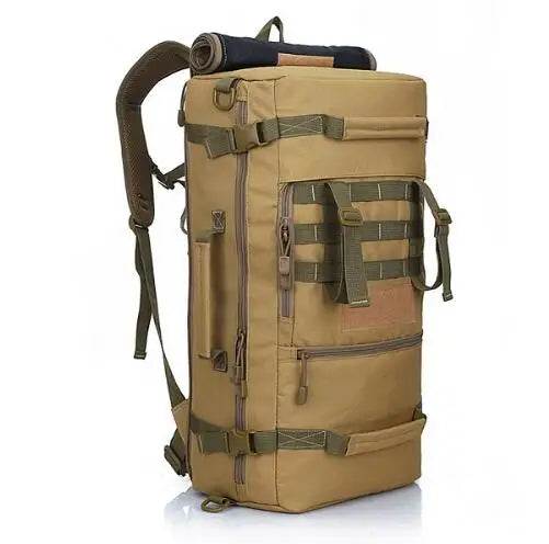  A tan 50L military tactical backpack with multiple pockets, Molle webbing, adjustable straps, and a rolled-up item secured to the top is shown against a white background.