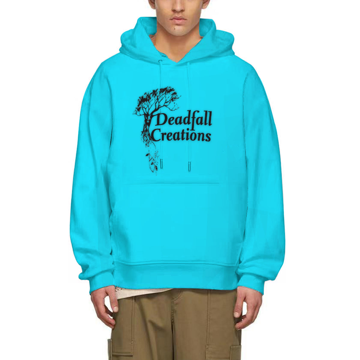 A man models a bright blue hoodie with the Deadfall Creations logo printed in black on the center chest. The logo features the text "Deadfall Creations" below a stylized image of a bare tree with roots extending downwards. The hoodie has a drawstring hood and a kangaroo front pocket.